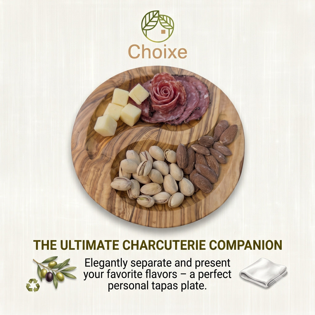 Handcrafted, Mediterranean Olive Wood, Yin-Yang Charcuterie & Tapas Plate (7 in)