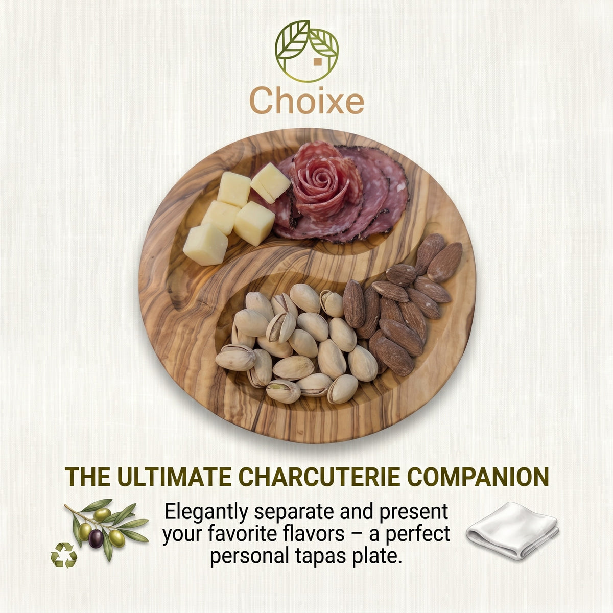 Handcrafted, Mediterranean Olive Wood, Yin-Yang Charcuterie & Tapas Plate (7 in)