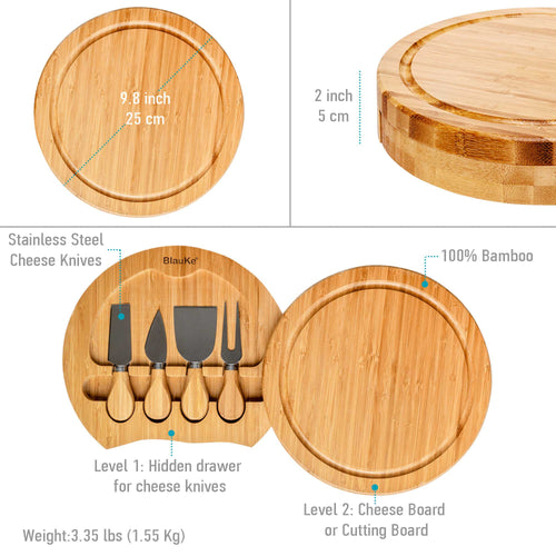 Bamboo Cheese Board and Knife Set – 10 Inch Swiveling Charcuterie Board with Slide-out Drawer
