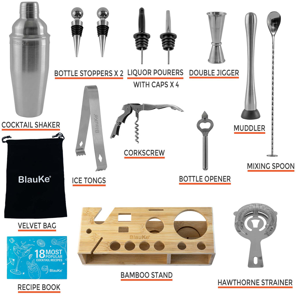 17 Piece Stainless Steel Cocktail Shaker Set with Stand