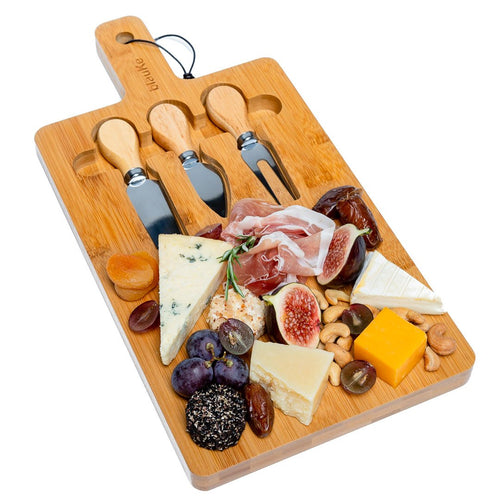 Bamboo Cheese Board and Knife Set – 12x8 Inch Charcuterie Board with Magnetic Cutlery Storage – Wood Serving Tray with Handle