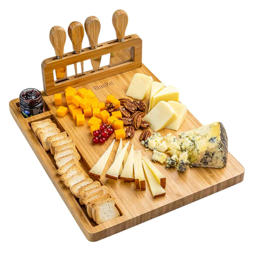 Bamboo Cheese Board and Knife Set – 14x11 Inch Charcuterie Board with 4 Cheese Knives – Wood Serving Tray