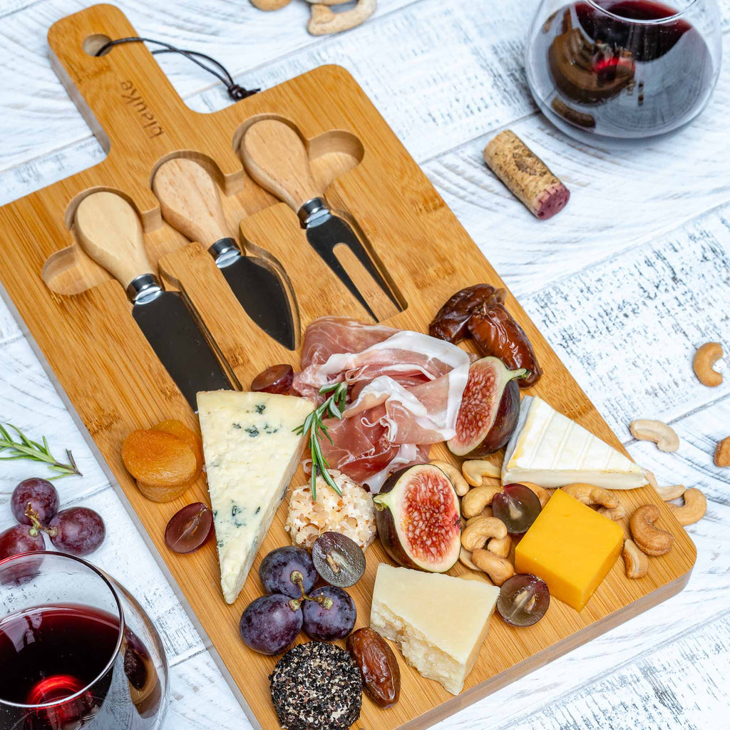 Bamboo Cheese Board and Knife Set - 12x8 inch Charcuterie Board with Magnetic Cutlery Storage - Wood Serving Tray with Handle