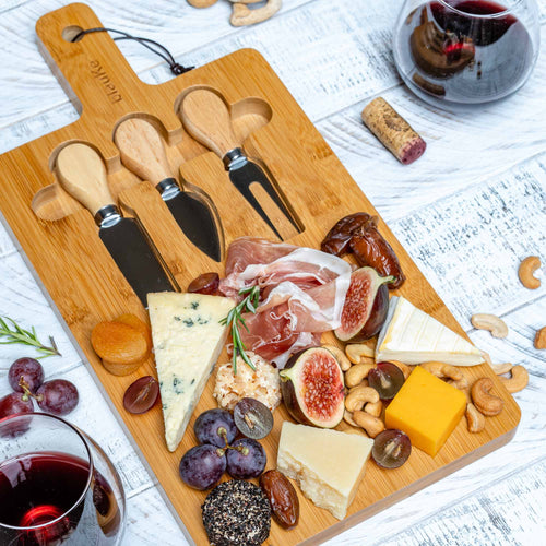 Bamboo Cheese Board and Knife Set – 12x8 Inch Charcuterie Board with Magnetic Cutlery Storage – Wood Serving Tray with Handle