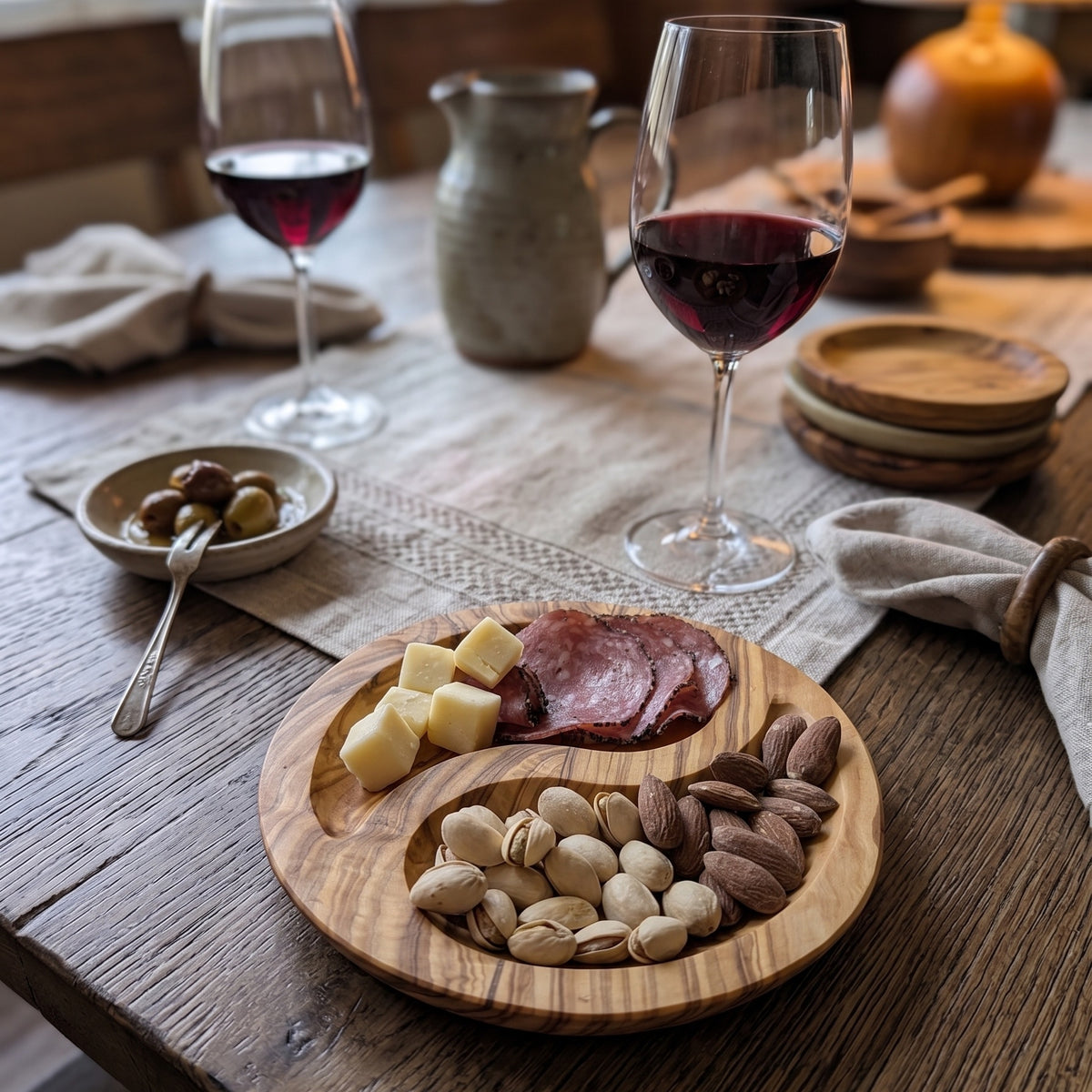 Handcrafted, Mediterranean Olive Wood, Yin-Yang Charcuterie & Tapas Plate (7 in)