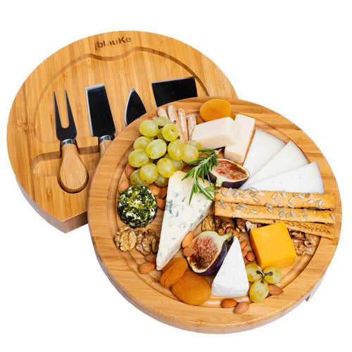 Bamboo Cheese Board and Knife Set – 10 Inch Swiveling Charcuterie Board with Slide-out Drawer