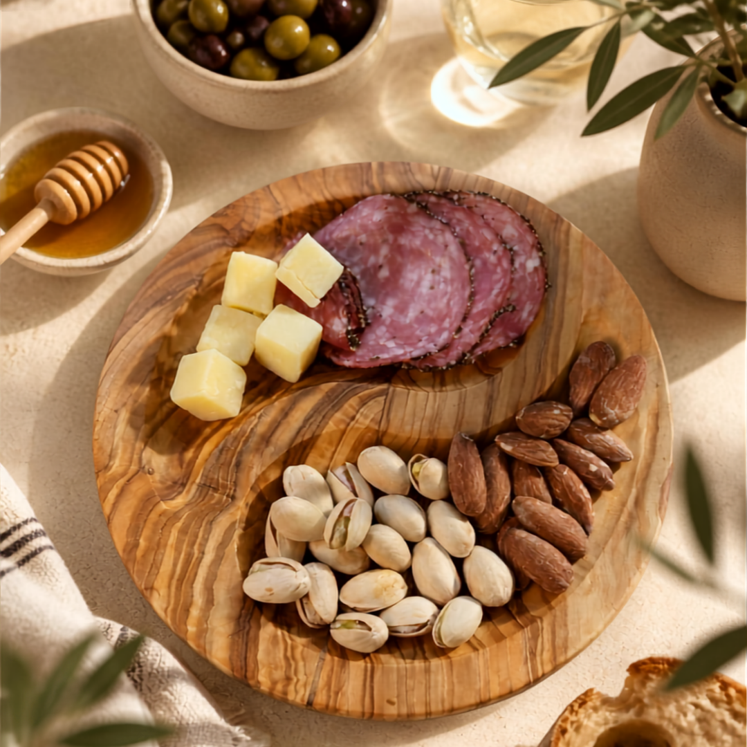 Handcrafted, Mediterranean Olive Wood, Yin-Yang Charcuterie & Tapas Plate (7 in)