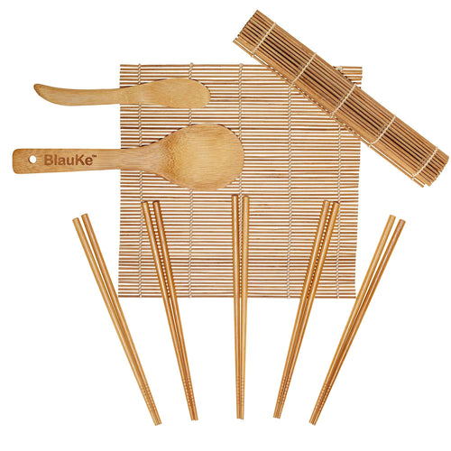 Bamboo Sushi Making Kit with 2 Sushi Rolling Mats, 5 Pairs of Reusable Bamboo Chopsticks, 1 Rice Paddle and 1 Spreader – Beginner Sushi Kit